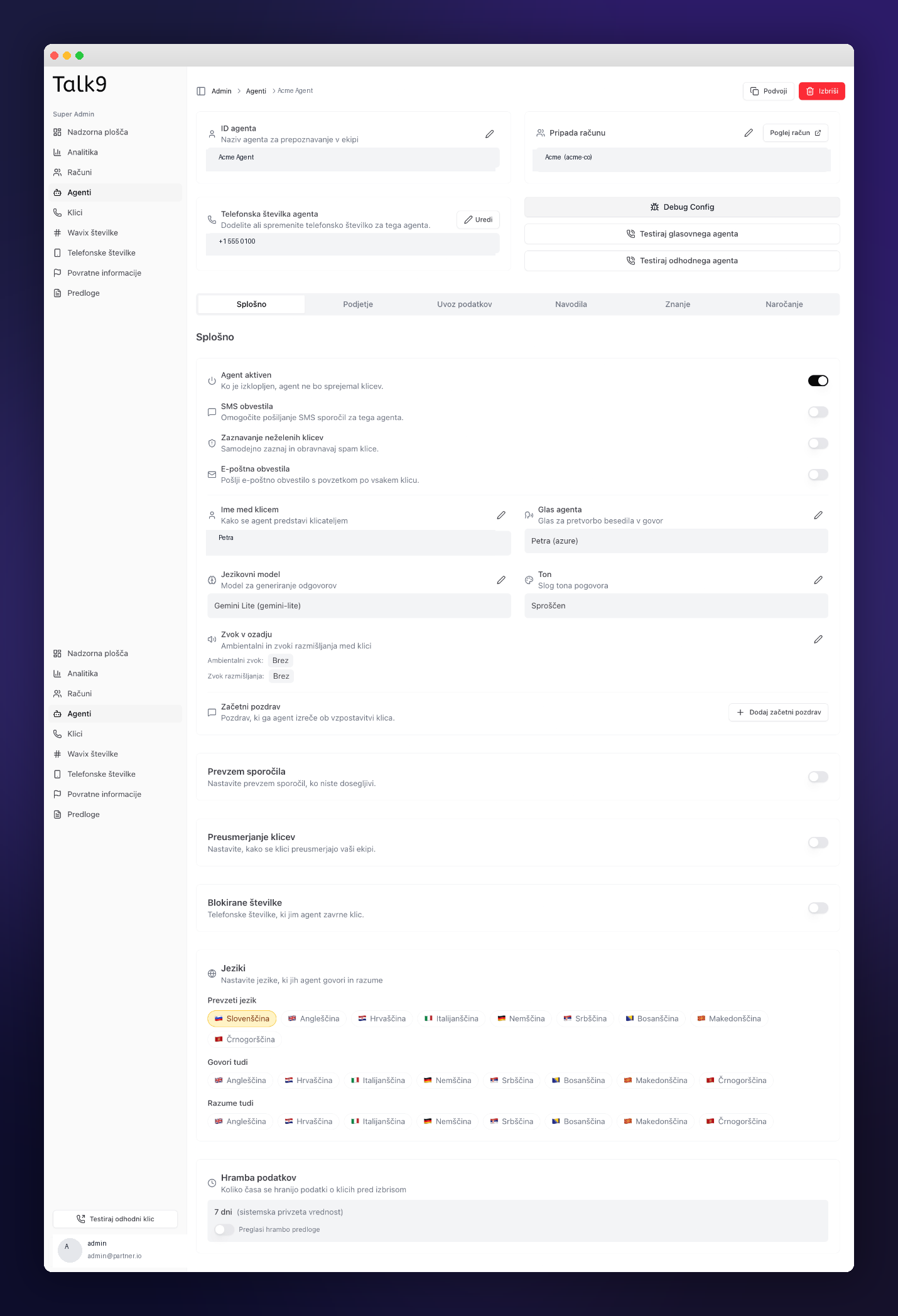 Talk9 admin platforma — konfiguracija glasovnega agenta